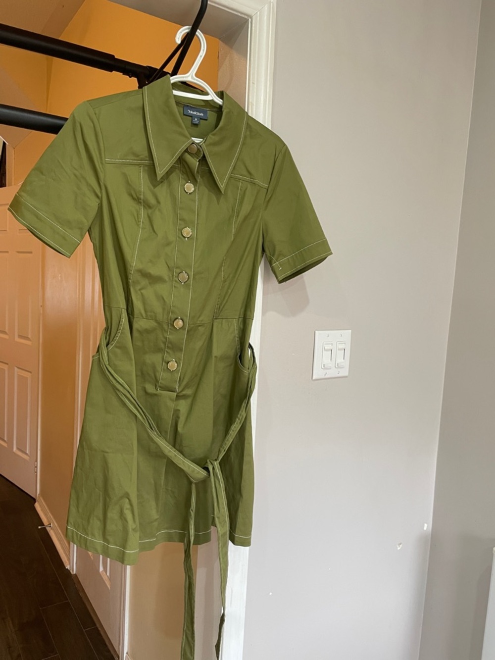 ModCloth Olive Green Short Sleeve Shirt Dress with Self-Tie Waist